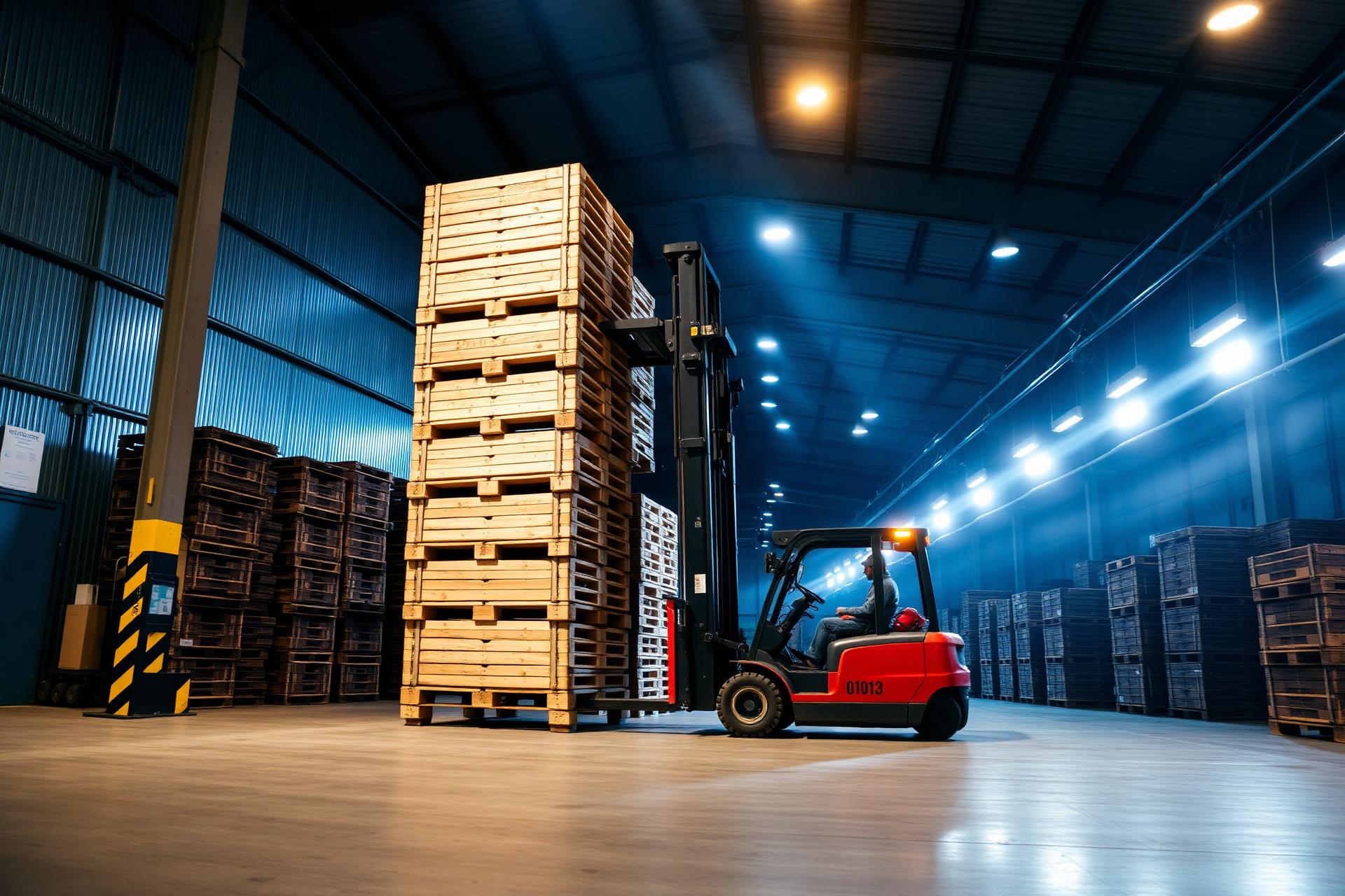Forklift moving wooden pallets in a warehouse
